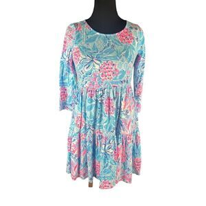 Lilly Pulitzer Geanna swing tiered small dress funky bright blue pink print